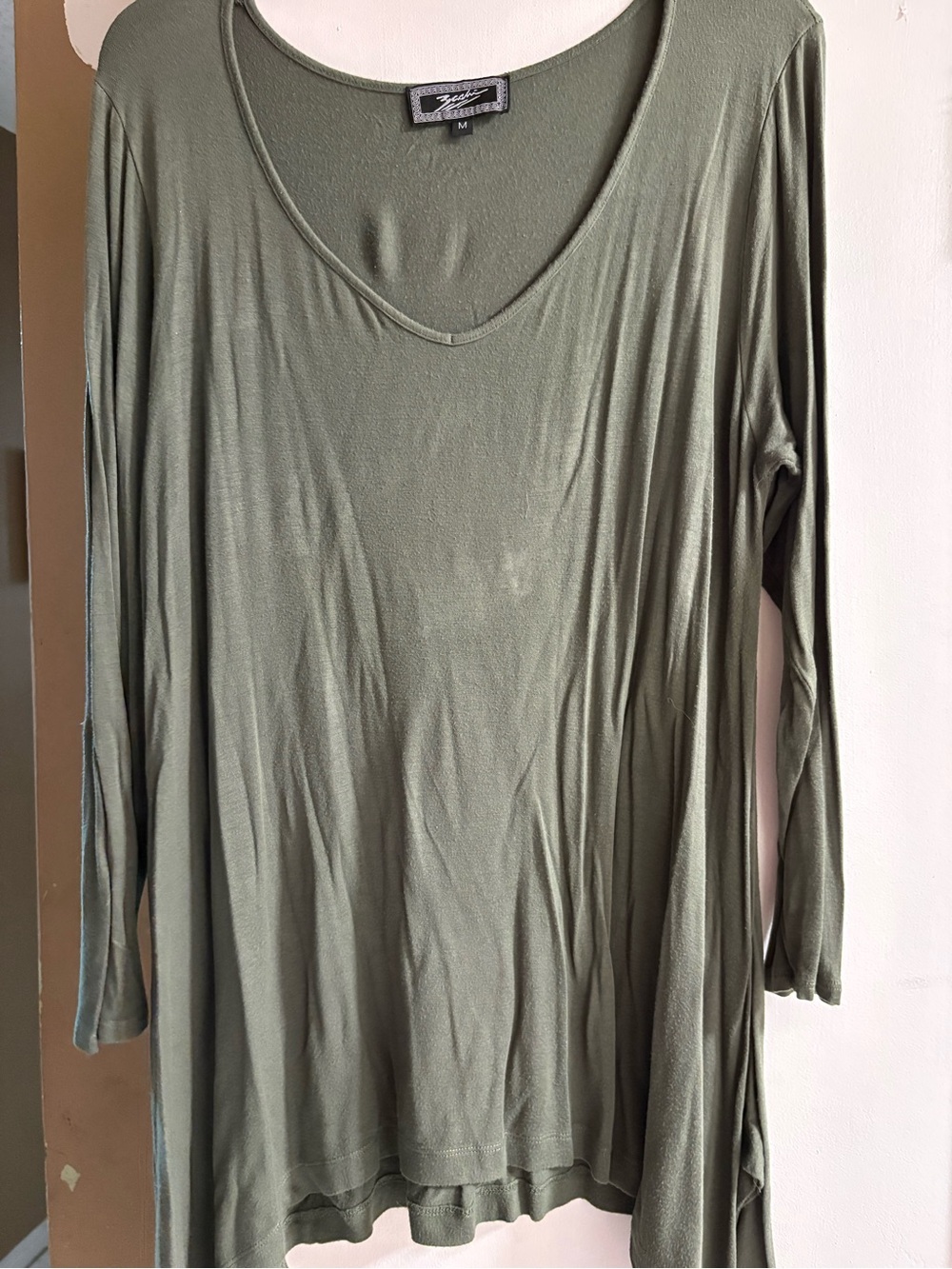Baci Olive Green Oversized Tunic Top Medium Long Sleeve V-Neck Boho